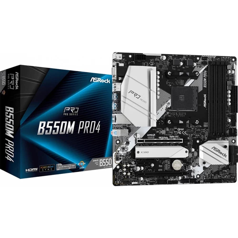 B550M PRO4, Socket AM4, AMD B550, 4xDDR4-3200, D-SUB+HDMI+DP, 2xPCI-Ex16, 1xPCI-Ex1, 6xSATA3(RAID 0/1/10), 2xM.2, 8 Ch Audio, 1xGLan, (2+4)xUSB2.0, (5+4)xUSB3.2, (1+0)xUSB3.2 Type-C™, 1xPS/2, mATX,
