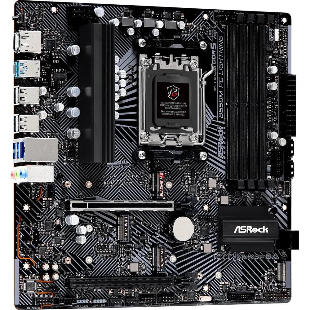Материнская плата, ASRock, B650M PG LIGHTNING (4710483943829), AM5, B650, 4xDDR5 7200+(OC), 4xSATA3, 3xM.2 (1*PCIe Gen5x4, 1*PCIe Gen4x4, 1*PCIe Gen4x2), Raid, 1xHDMI, 1хDP, 2xPCI-Ex16, mATX