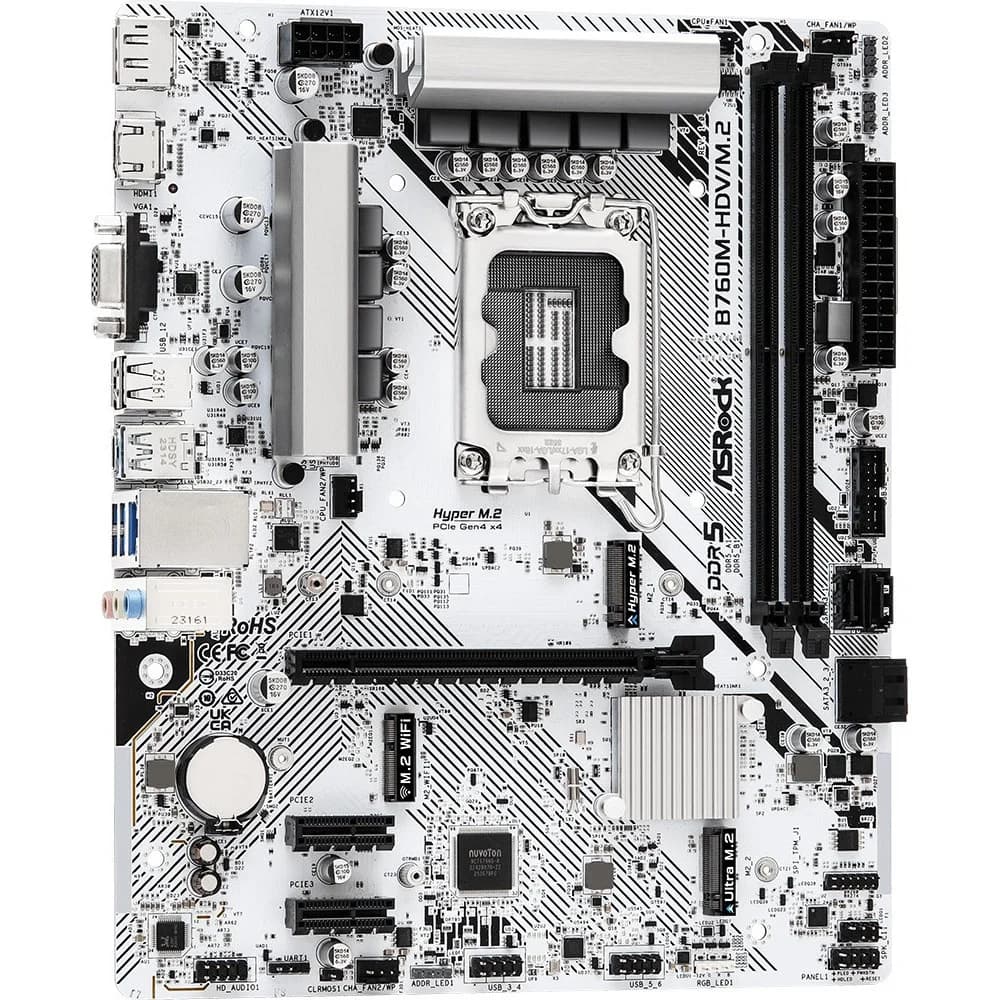 B760M-HDV/M.2, Socket 1700, Intel®B760, 2xDDR5-4800, D-SUB+HDMI+DP, 1xPCI-Ex16, 2xPCI-Ex1, 4xSATA3(RAID 0/1/5/10), 2xM.2, 8 Ch Audio, 1x2.5GLan, (2+4)xUSB2.0, (3+2)xUSB3.2, (1+0)xUSB3.2 Type-C™, 1xP