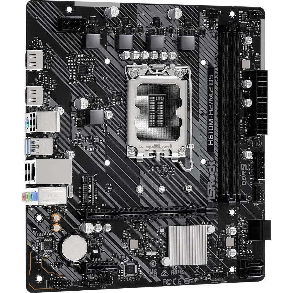 H610M-H2/M.2 D5, Socket 1700, Intel®H610, 2xDDR5-4800, HDMI+HDMI, 1xPCI-Ex16, 1xPCI-Ex1, 4xSATA3, 1xM.2, 8Ch Audio, GLan, (4+2)xUSB2.0, (2+2)xUSB3.2, 1xPS/2, mATX, RTL