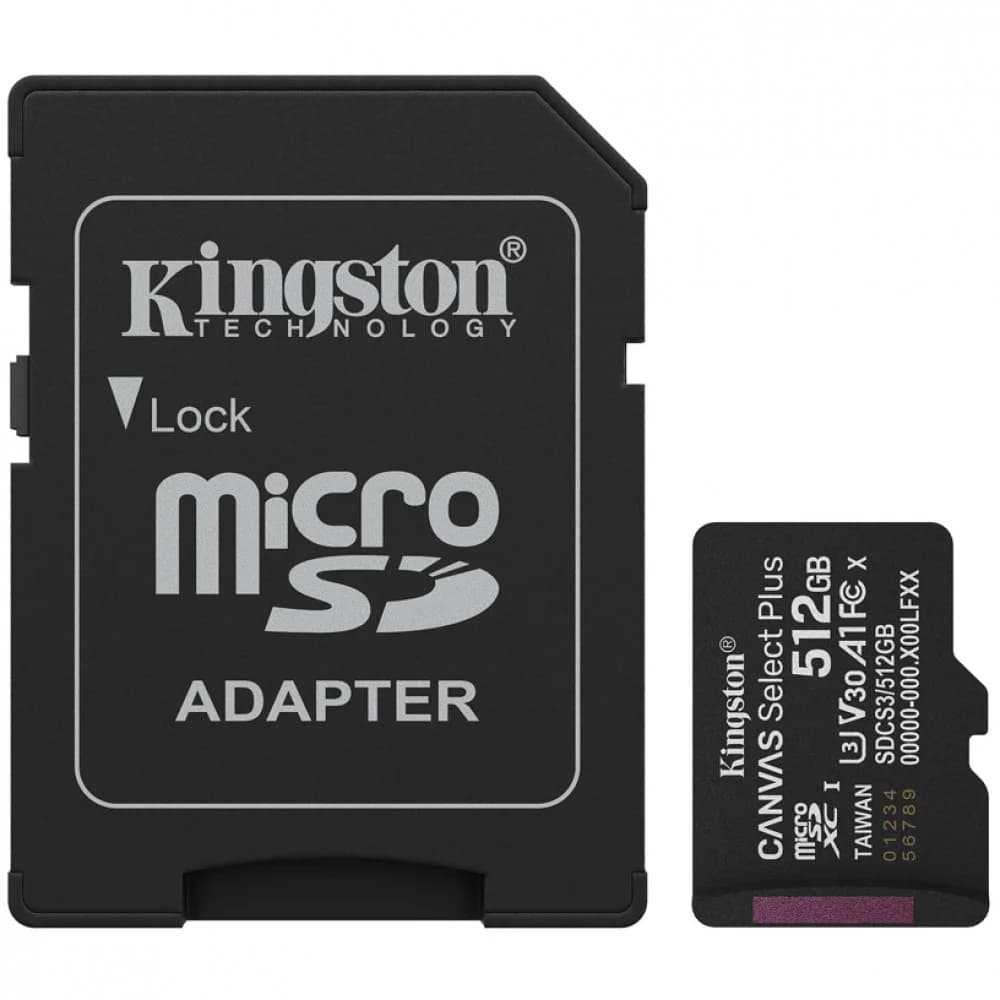 Карта памяти, Kingston, SDCS3/512GB, MicroSDXC 512GB, Canvas Select Plus, A1, U3, V30, c адаптером SD