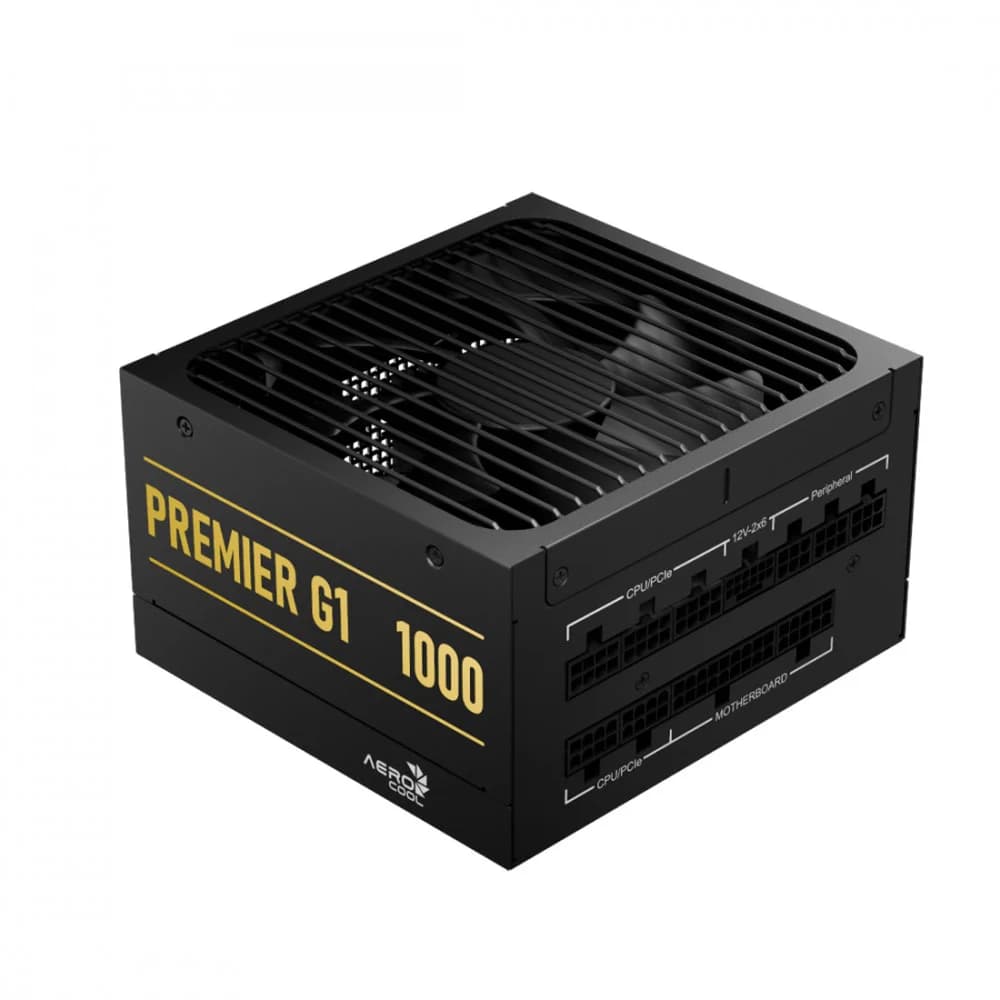 Блок питания, Aerocool, PREMIER G1, 1000W, ATX 3.1, Gold, APFC, 20+4pin, 2*4+4pin, 8*Sata, 2*Molex, 3*PCI-E 6+2pin, 12V-2X6, Модульный, Вентилятор 13,5 см, Кабель питания, Чёрный