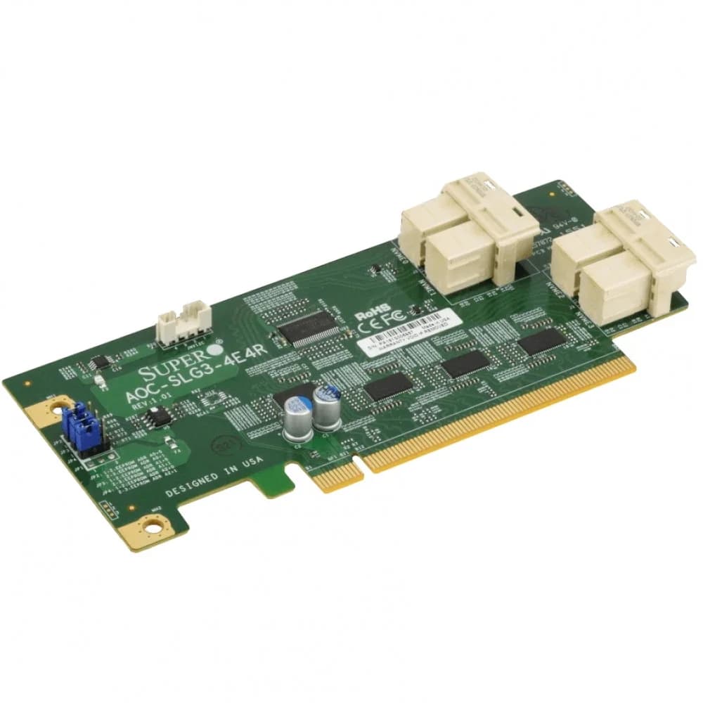 AOC-SLG3-4E4R-O Low profile expansion card with an aggregate. 12.8 GB/s four port NVMe internal Host Bus Adapter.