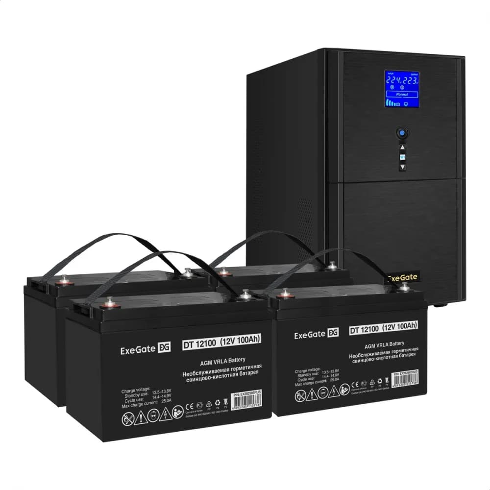 Комплект ИБП EX295991RUS + батарея 100Aч EX282985RUS 4шт (инвертор, синус, для котла) ExeGate SineTower SZ-5000.LCD.AVR.2SH.1C13.T.RJ.USB <5000VA/4000W, чистый синусоида, LCD дисплей, AVR, 2*Schuko+