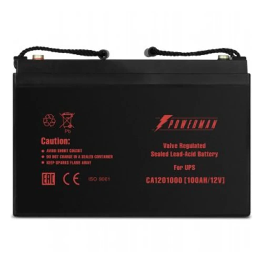 Battery POWERMAN Battery CA121000, voltage 12V, capacity 100Ah, max. discharge current 800A, max. Charging current 30A, lead-acid type AGM, type of terminals M2, 329mm x 172mm x 215mm, 27.7 kg.