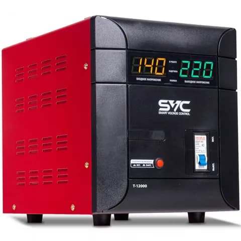 Стабилизатор (AVR), SVC, T-12000, 12000ВА/7500Вт, Диапазон работы AVR: 140-260В, Выходное напряжение: 220В +/-8%, Задержка включения, Клеммная колодка, LCD-дисплей, Защита: от перегрузки, короткого