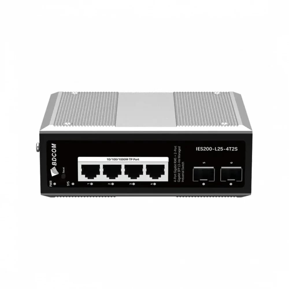 Коммутатор, BDCOM, IES200-L25-4T2S, Управляемый L3-lite, 4 порта 10/100/1000 RJ45, 2 порта SFP, DC 12-55В Dual RPS, вход DC12V, -40+75°C, DIN-rail