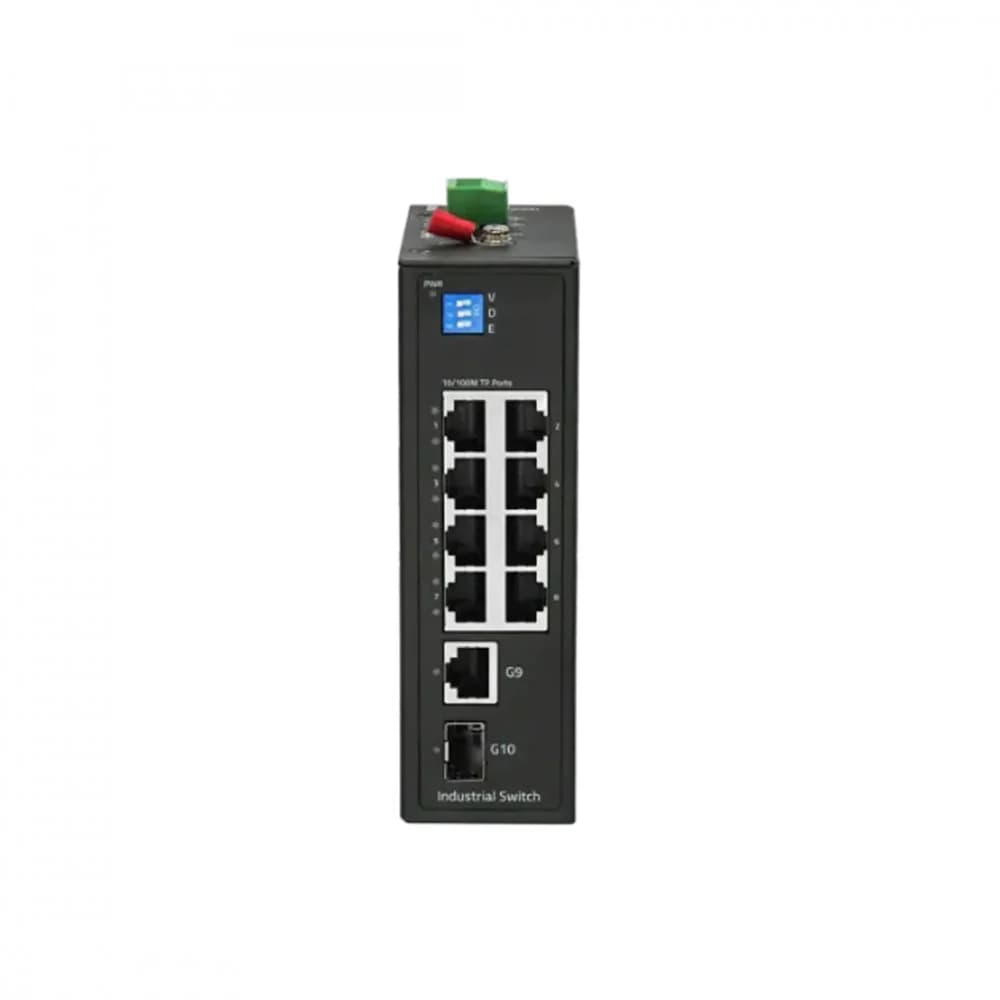Коммутатор, BDCOM, IES200-LSTW1108, Неуправляемый, 8 портов 10/100M RJ45, 1 порт SFP, 1 порт GE RJ45, DC 12-55В Dual RPS, -40+75°C, DIN-rail