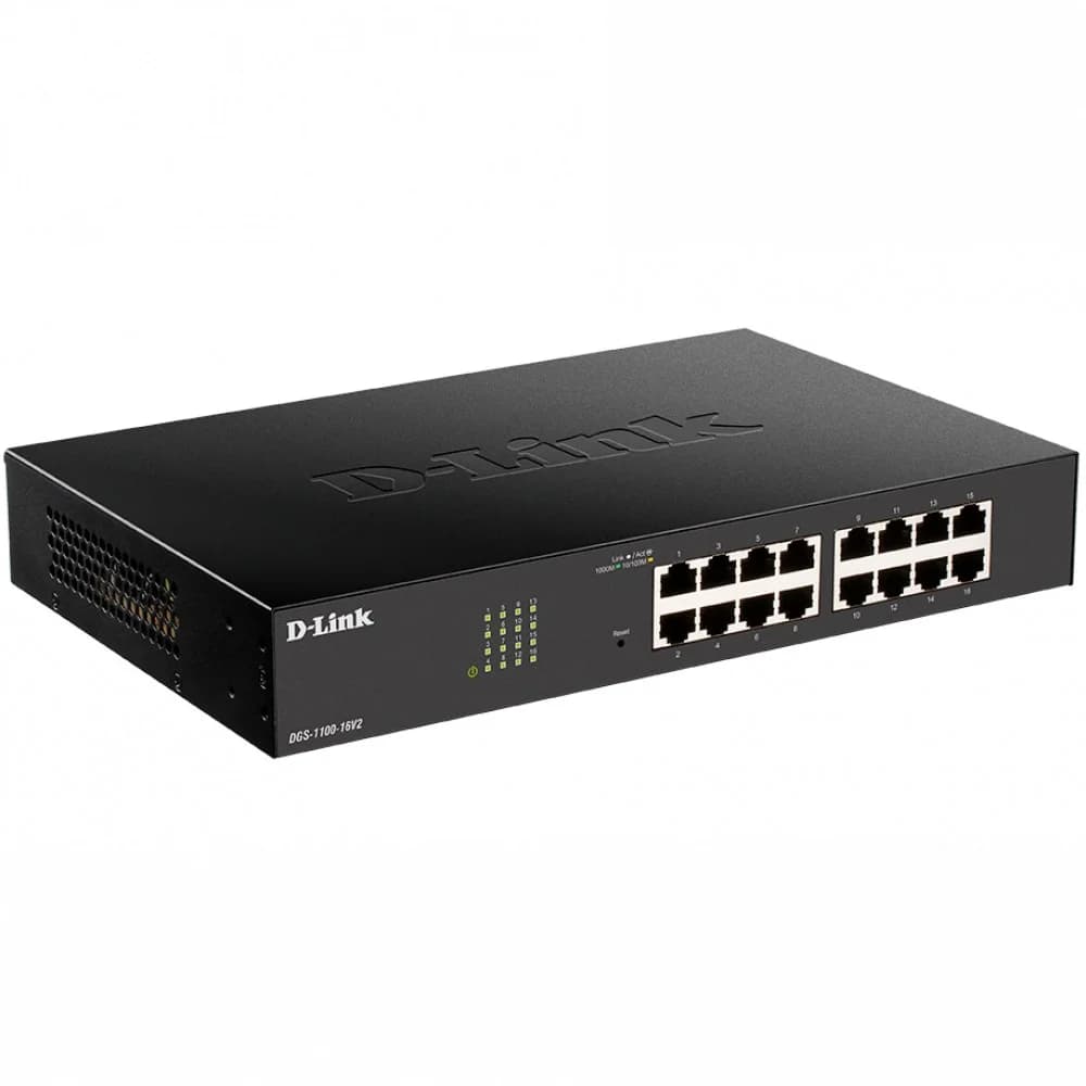 D-Link DGS-1100-16V2/A12, L2 Smart Switch with 16 10/100/1000Base-T ports8K Mac address, 802.3x Flow Control, 802.3ad Link Aggregation, Port Mirroring, 128 of 802.1Q VLAN, VID range