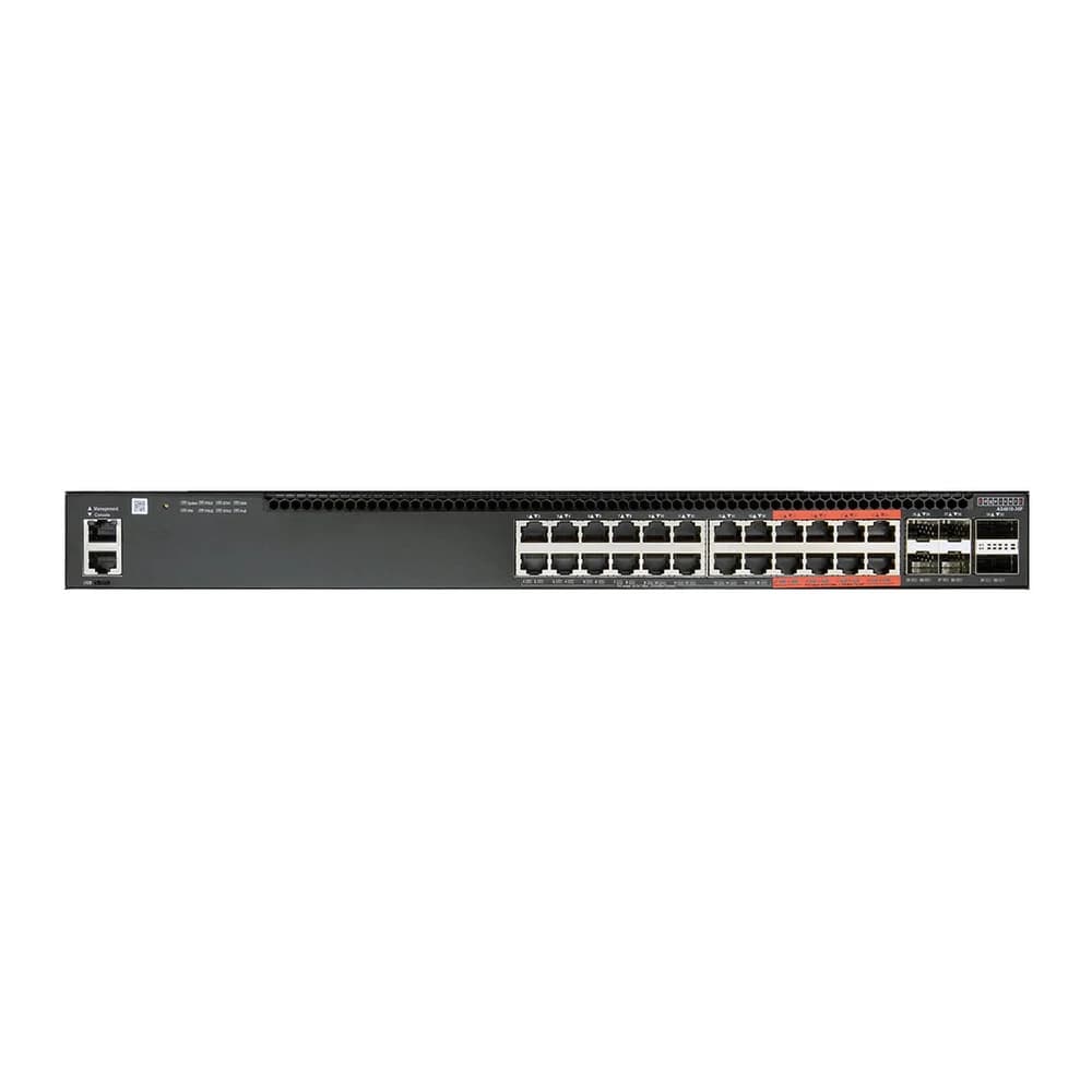 4610-30P-O-AC-F Edge-corE AS4610-30P, 24-Port GE RJ45 port PoE+, last 8 ports Ultra-PoE, 960W PoE Bugdet, 4x10G SFP+, 2 port 20G QSFP+ for stacking, Broadcom Helix 4, Dual-core ARM Cortex A9 1GHz, d