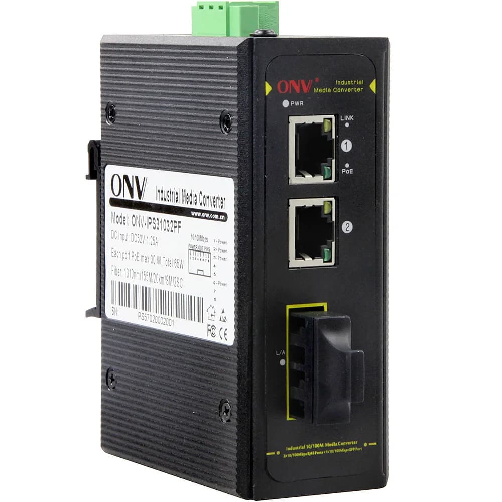 Коммутатор PoE индустриальный 2-портовый ONV IPS31032PS-S 2 порта 10/100Mbps PoE 802.3af/at (max 30W на порт), 1 порт Optical 10/100M, SC Singlemode (25km) Single Fiber, 1310/1550nm (Модуль в компле