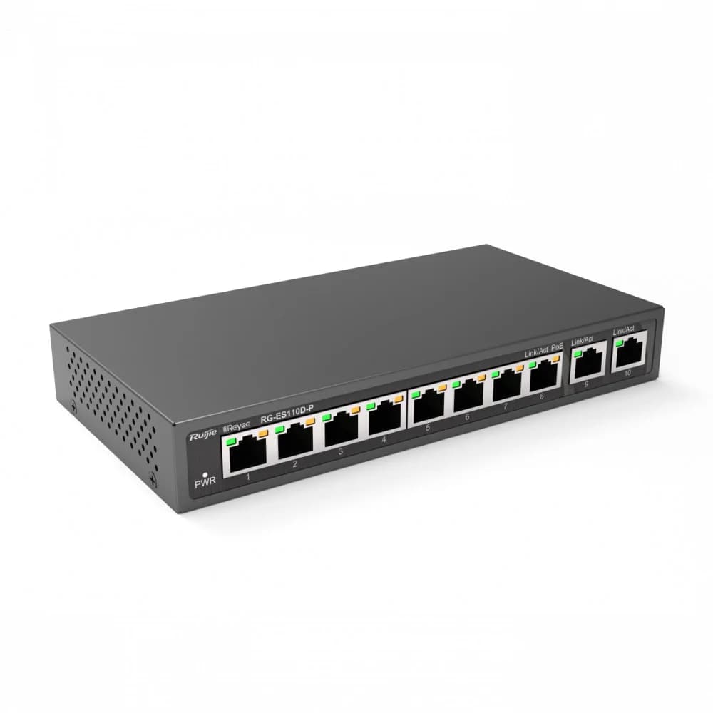 Ruijie Reyee 8-Port 100Mbps + 2 Uplink Port 1000Mbps, 8 of the ports support PoE/PoE+ power supply. Max PoE power budget is 110W, unmanaged switch, desktop