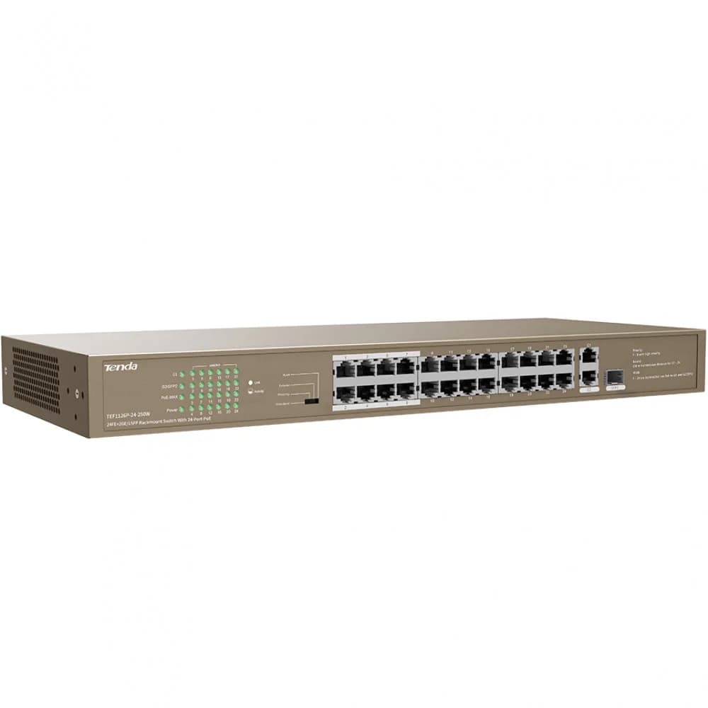 Switch 24 port 10/100Mbit, Tenda TEF1126P-24-250W, 1x 10/100/1000Mbit RJ45, 1x 1000Mbit SFP