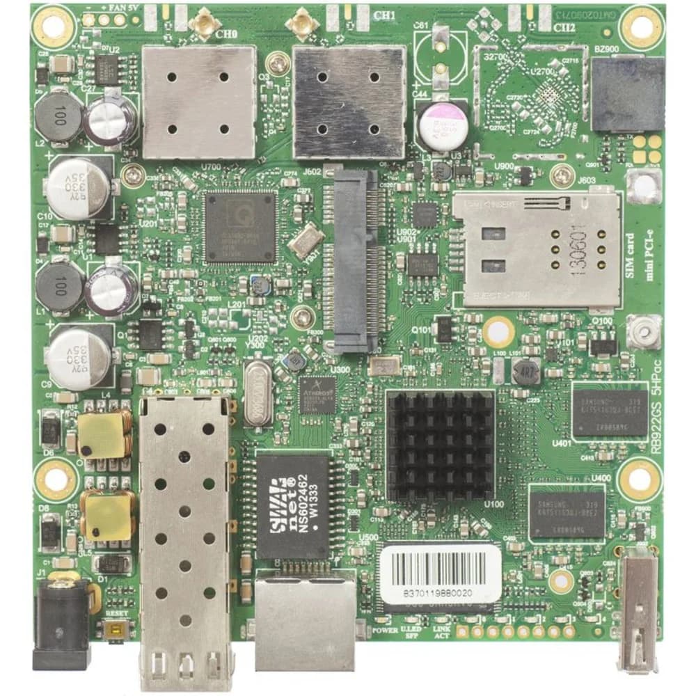 MikroTik RouterBOARD 922UAGS with 720MHz Atheros CPU, 128MB RAM, 1xGigabit LAN, USB, 1xSFP, miniPCIe, SIM slot, built-in 5Ghz 802.11a/c 2x2 two chain wireless, 2xMMCX connectors, RouterOS L4