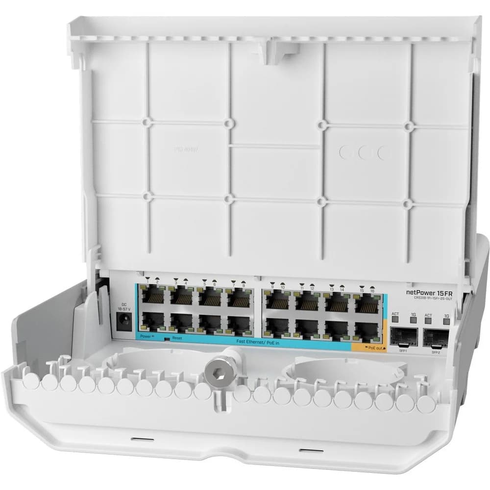 netPower 15FR netPower 15FR with 800MHz CPU, 256MB RAM, 16 x 10/100Mbps Ethernet ports (15 with Reverse POE-in, 1 with PoE-OUT), 2 x SFP,RouterOS L5 or SwitchOS (dual boot), outdoor enclosure, mount