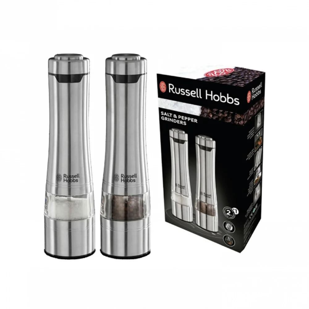 Набор электромельниц для соли и перца, Russell Hobbs, 23460-56, 2 предмета в наборе, Работа от батареек типа АА, Нержавеющая сталь, Регулировка помола, Подсветка рабочей зоны, Стальной
