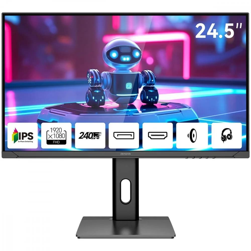 Монитор 24.5" AIWA MD2510 Black (IPS, 1920x1080, HDMI+HDMI+DP+DP, 1 ms, 178°/178°, 350 cd/m, 1000:1, 240Hz, Spk, Pivot)