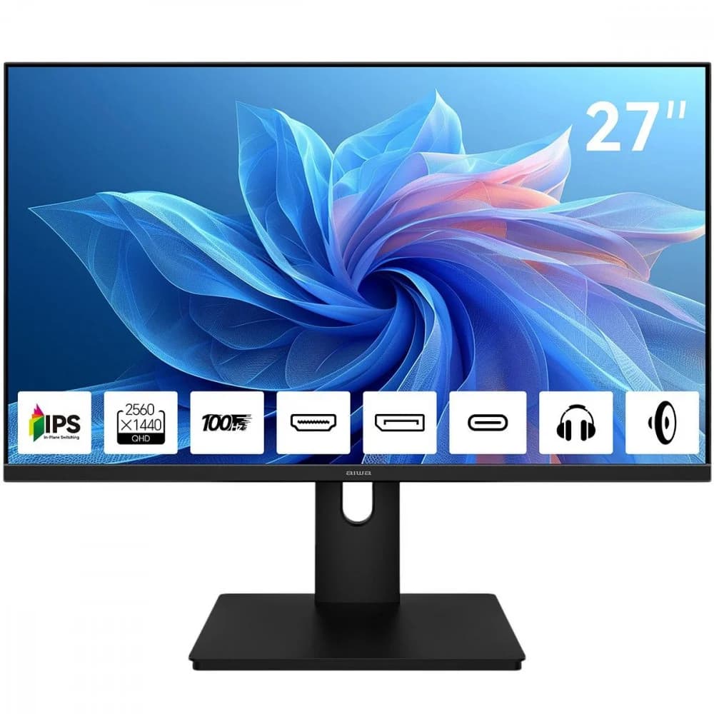 Монитор 27" AIWA MQ271A Black (IPS, 2560x1440, HDMI+DP+Type C 15W, 4 ms, 178°/178°, 300 cd/m, 1000:1, 100Hz, Spk, внутр БП)