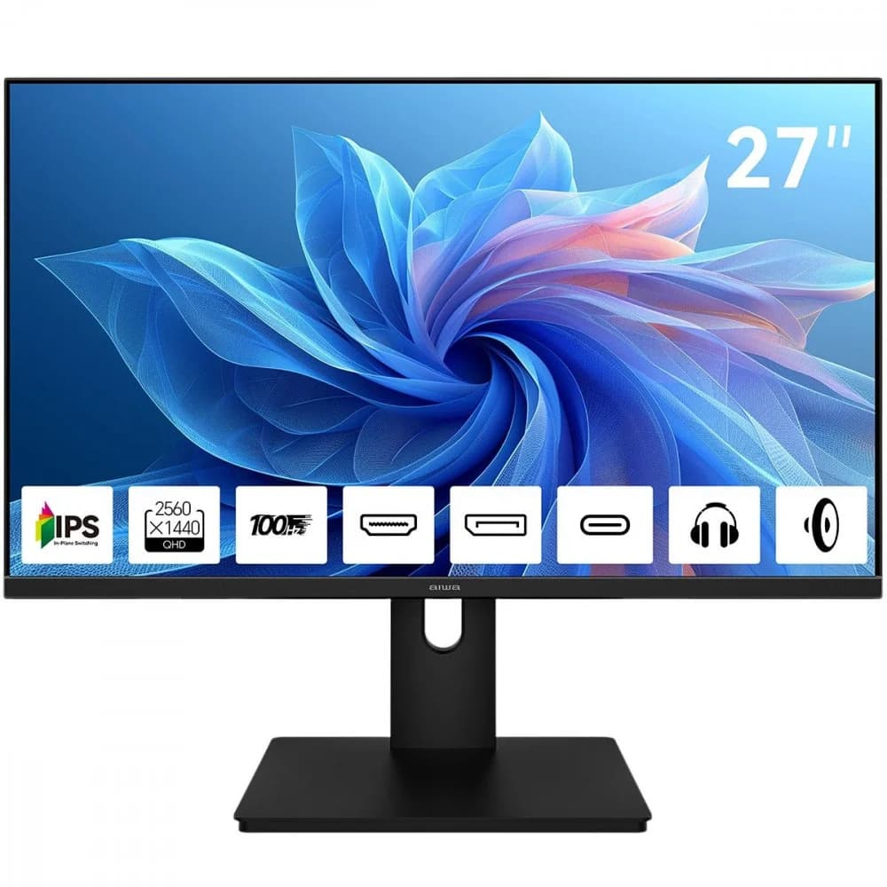 Монитор 27" AIWA MQ272A Black (IPS, 2560x1440, HDMI+DP+Type C 15W, 4 ms, 178°/178°, 300 cd/m, 1000:1, 100Hz, Spk)
