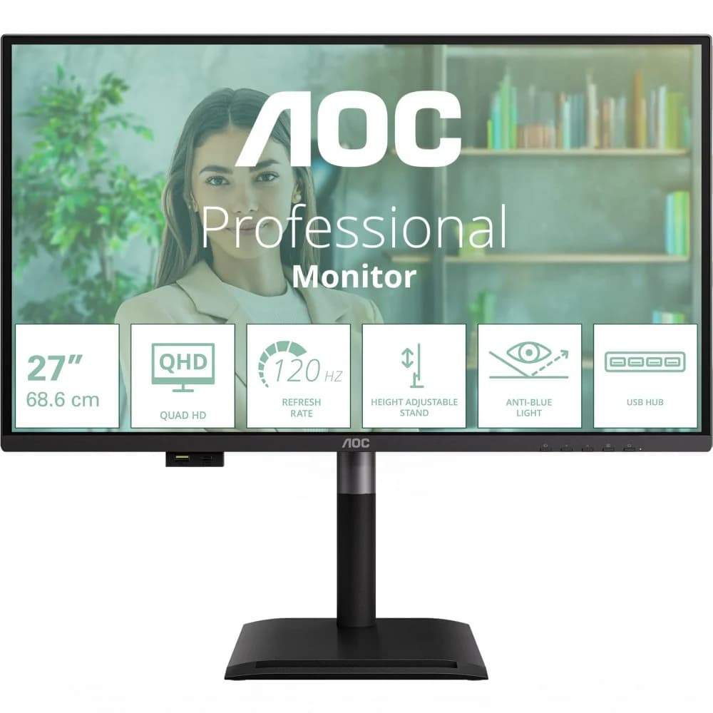 Монитор 27" AOC Q27P4U Black (IPS, 2560x1440, 120Hz, 4 ms, 350 cd/m, 1500:1, HDMI 2.0x2, DisplayPort 1.2, USB HUB (3.2) USB-C PD: 15 Вт, Pivot, MM)