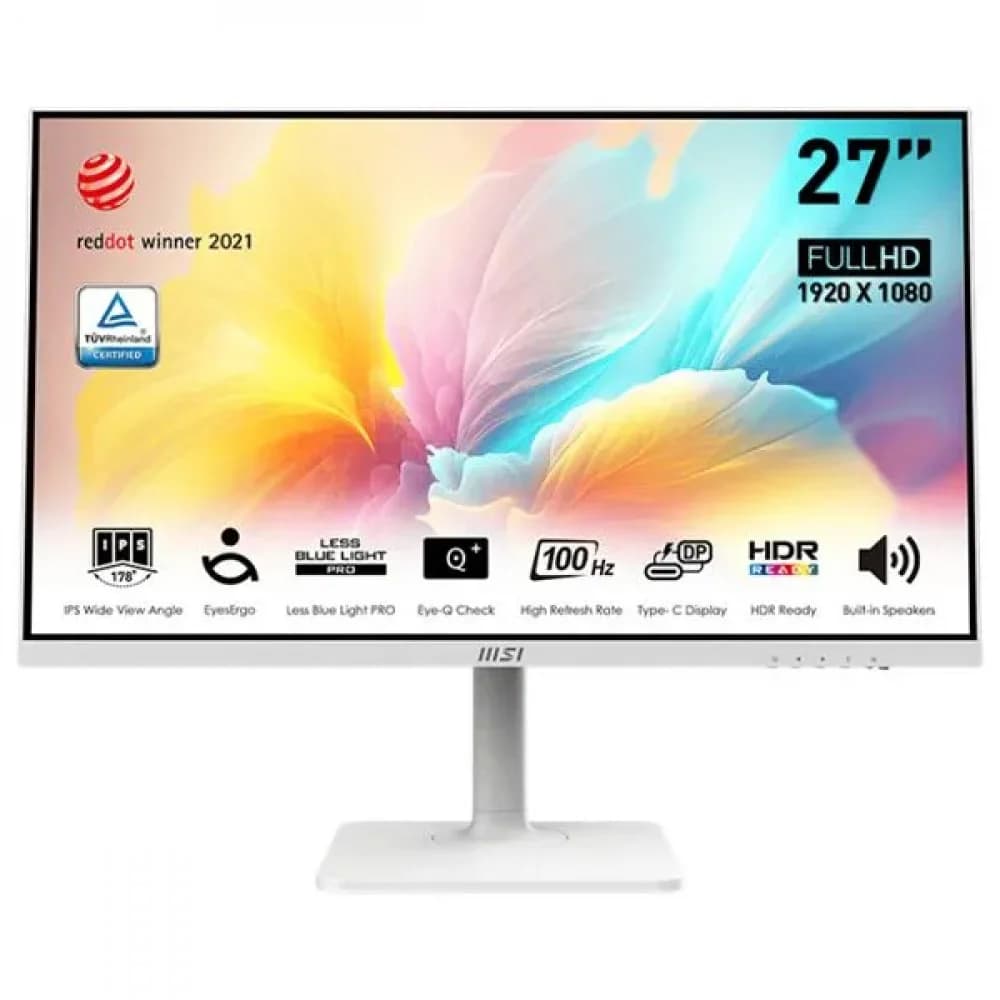 MSI Modern MD2712PW 27" 16:9 FHD(1920x1080) IPS Flat,1ms(MPRT),1000:1,100M:1,300nit,178/178,HDMI 1.4,USB-C,Speaker,Tilt,Swivel,Height,Pivot,VESA,100Hz,White(white cable),1y war-ty