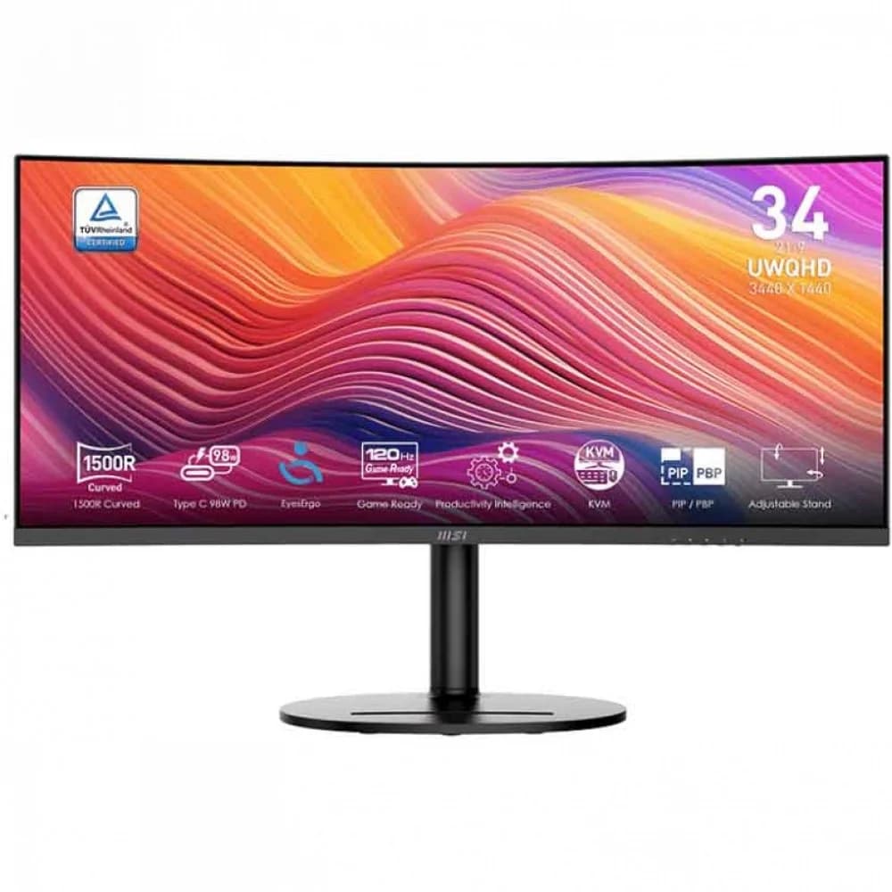 MSI Modern MD342CQP 34" 21:9 UWQHD(3440x1440) VA Curve 1500R,1ms(MPRT),3000:1,100M:1,300nit,178/178,2*HDMI,1*DP,2xUSB Type-A,USB Type-B,USB Type-C,Speaker,Tilt,Swivel,Height,120Hz,Black,1y war-ty