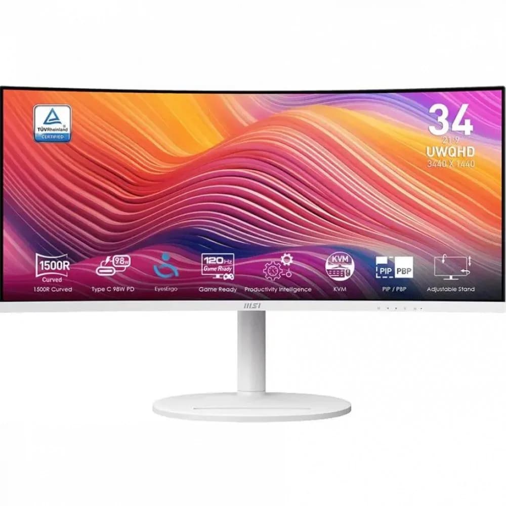 MSI Modern MD342CQPW 34" 21:9 UWQHD(3440x1440) VA Curve 1500R,1ms(MPRT),3000:1,100M:1,300nit,178/178,2*HDMI,1*DP,2xUSB Type-A,USB Type-B,USB Type-C,Speaker,Tilt,Swivel,Height,120Hz,White,1y war-ty