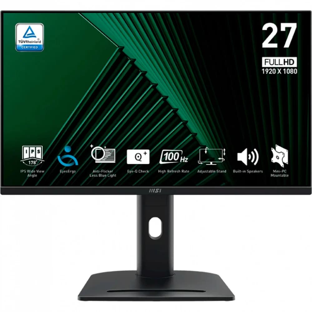 Монитор MSI PRO MP275PG 27" 16:9 FHD(1920x1080), IPS Flat, 1ms(MPRT), 1300:1, 100M:1, 300nits, 178/178, HDMI 1.4b, DP 1.2a, VGA, Speaker, Tilt, Swivel, Height, Pivot, 100HZ, Black, 1y war-ty