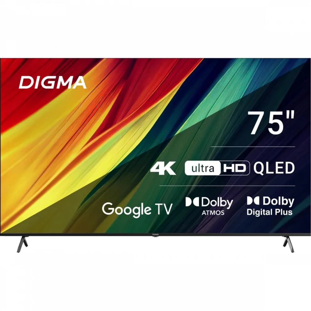 Телевизор QLED Digma 75" DM-LED75UQB31 Google TV Frameless Metal черный/черный 4K Ultra HD 60Hz MEMC DVB-T DVB-T2 DVB-C DVB-S DVB-S2 USB WiFi Smart TV
