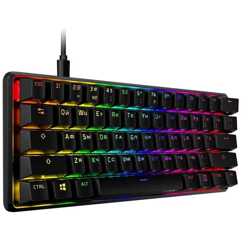 Клавиатура, HyperX, 4P5N0AA#ACB, HKBO1S-RB-RU/G, Alloy Origins 60, Игровая, Механическая, HyperX Red switch, USB, Подсветка RGB, Размер: 337*235*306 мм., Анг/Рус, Чёрный