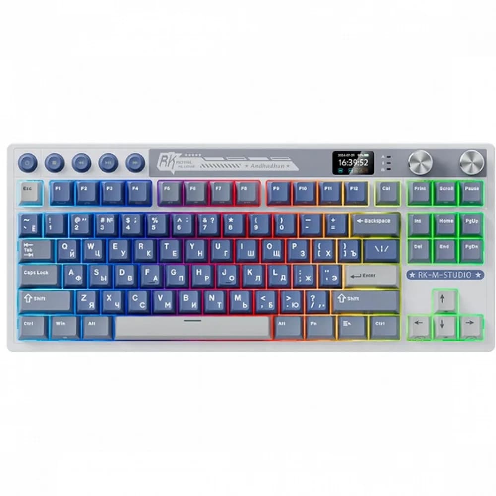 Классическая TKL) (без цифрового блока - 80%) механическая клавиатура Royal Kludge RK M87 - 3 типа подключения (Bluetooth радиоканал 2,4 ГГц провод), 87 клавиш, цвет Ocean Blue, переключатели RK Bei