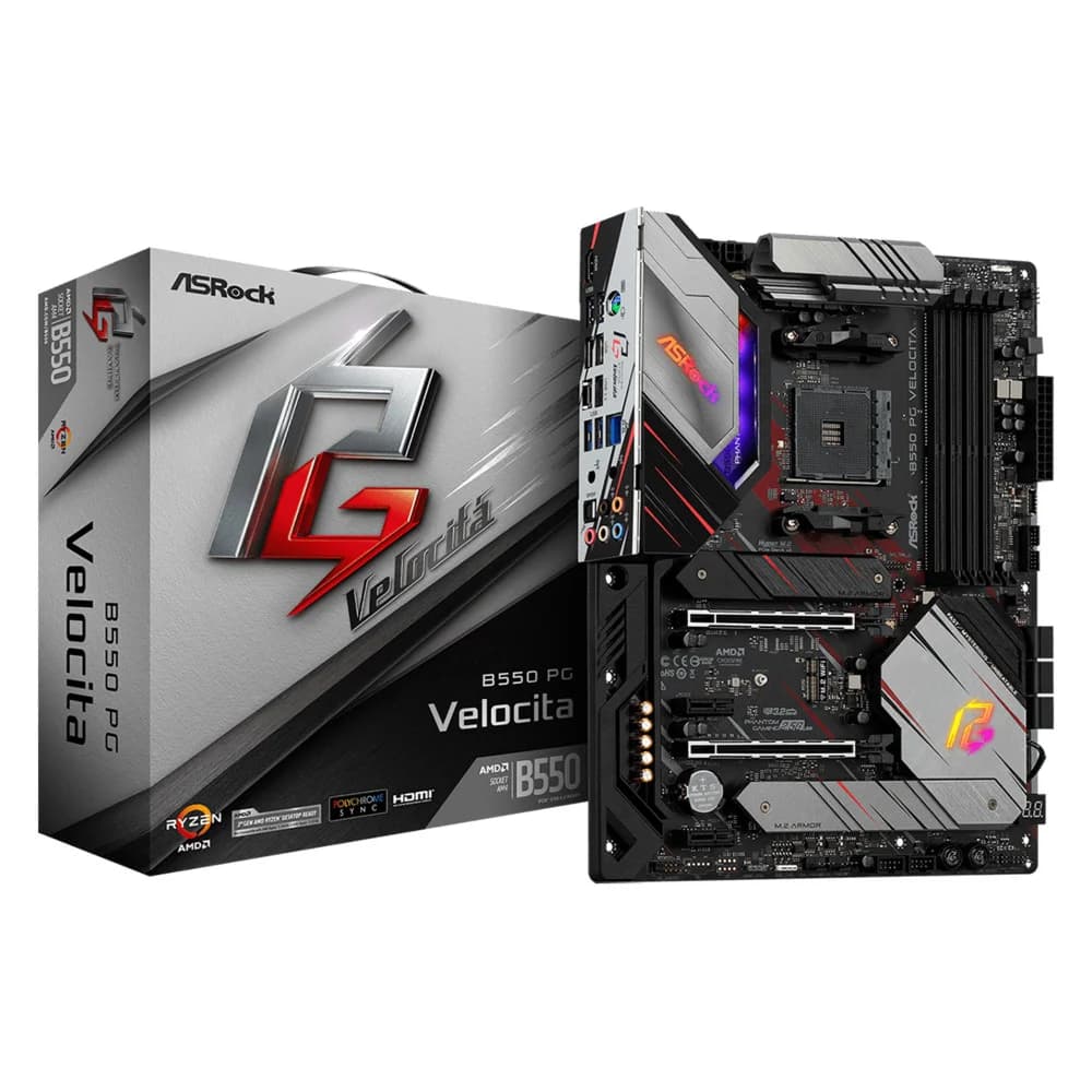 B550 PG VELOCITA, Socket AM4, AMD B550, 4xDDR4-3200, HDMI, 2xPCI-Ex16, 2xPCI-Ex1, 6xSATA3(RAID 0/1/10), 2xM.2, 8 Ch Audio, 1x2,5GLan, (4+4)xUSB2.0, (3+2)xUSB3.2, (1+1)xUSB3.2 Type-C™, 1xPS/2, ATX, R