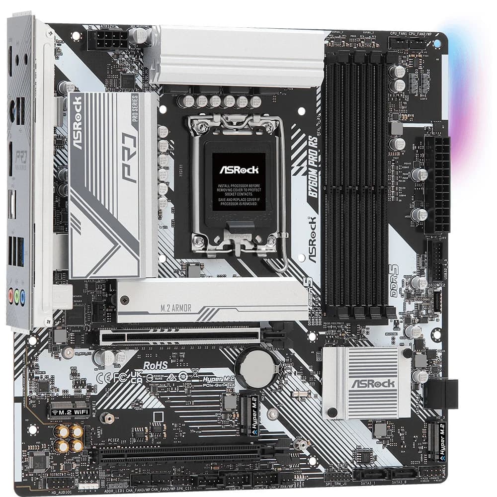 Материнская плата, ASRock, B760M PRO RS (4710483942723), LGA1700, iB760, 4xDDR5 3600/4000/4400/4800/7200+(OC), 4xSATA3, 3xM.2 (PCI-E 4.0x4), Raid, 1xDP, 1xHDMI, 1xPCI-Ex16, 1xPCI-Ex1, mATX