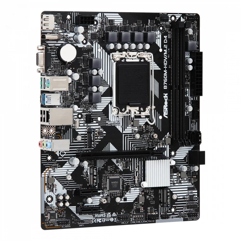 Материнская плата, ASRock, B760M-HDV/M.2 D4 (4710483942020), LGA1700, iB760, 2xDDR4 3200/5333+(OC), 4xSATA3, 2xM.2 (PCI-E 4.0x4, PCI-E 3.0x4 или SATA), Raid, 1xD-Sub, 1xDP, 1xHDMI, 1xPCI-Ex16, 2xPCI
