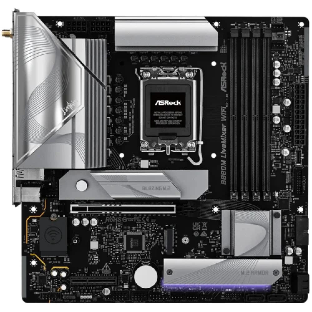 Материнская плата ASRock B860M LIVEMIXER WIFI LGA1851 4xDDR5 4xSATA 3xM.2 1xHDMI 1xThunderbolt4 1xPCIe5x16.0 1xPCIe4.0x16 21xUSB Wi-Fi ATX