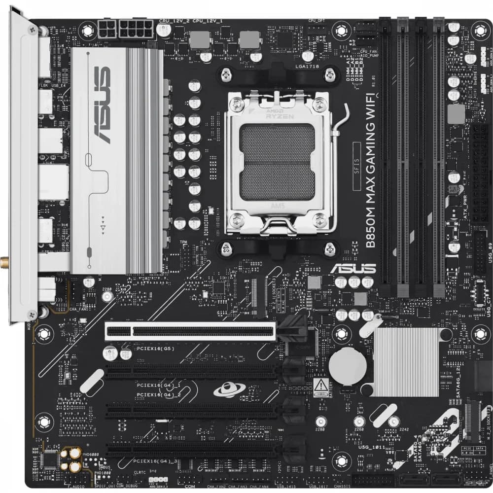 Материнская плата Asus B850M MAX GAMING WIFI SocketAM5 AMD B850 4xDDR5 mATX AC`97 8ch(7.1) GbLAN RAID+HDMI+DP