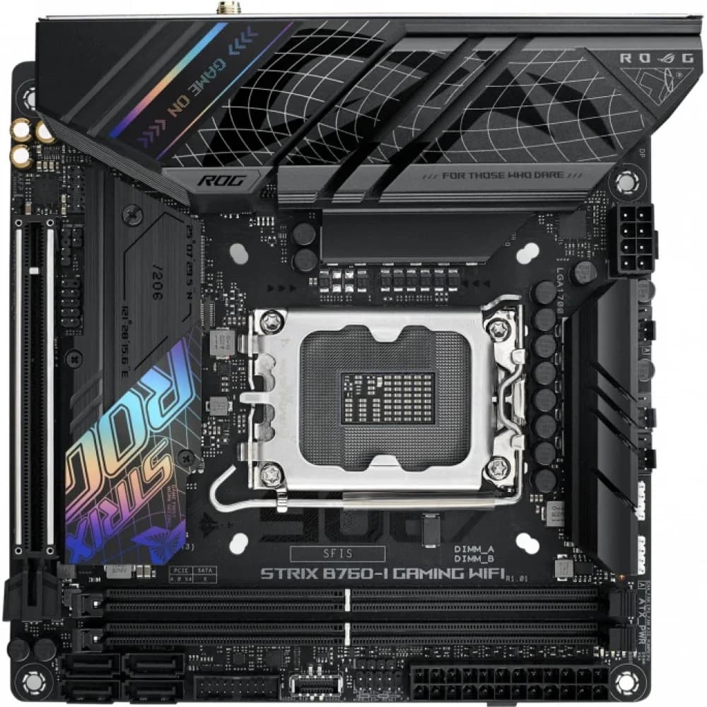 ASUS ROG STRIX B760-I GAMING WIFI (Socket 1700, mini ITX, 2xDDR5(96GB), DP/HDMI, 1xPCIe 5.0x16, 1xLAN (2.5GbE), Wi-Fi, 4xSATA 6Gb/s, 2xM.2, 2xType-C, 3xUSB 3.2, 3xUSB 2.0)