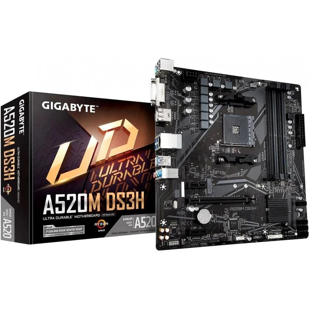 Материнская плата Gigabyte A520M DS3H AC Soc-AM4 AMD A520 4xDDR4 mATX AC`97 8ch(7.1) GbLAN RAID+HDMI+DP