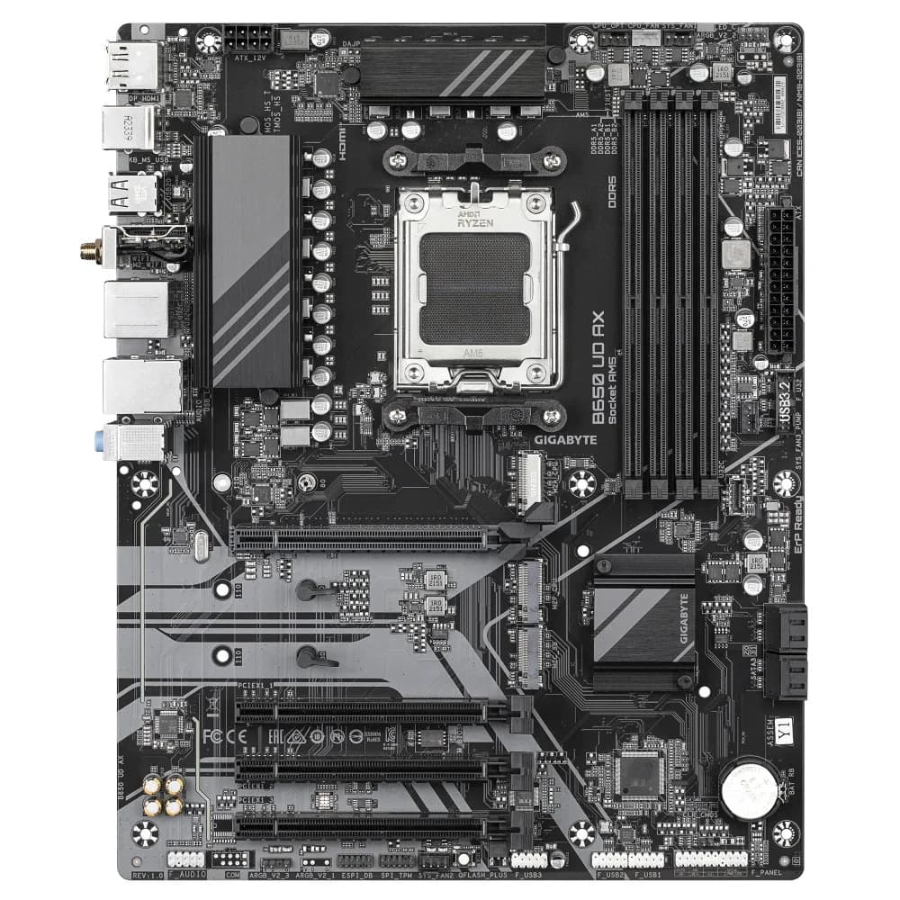 Материнская плата, Gigabyte, B650 UD AX-Y1 (4719331863944), AM5, B650, 4xDDR5 4800/5200/7600(OC), 4xSATA3, 3xM.2 (PCIe 4.0 x4/x2), RAID, 1xHDMI, 1хDP, 4xPCI-Ex16, WiFi, ATX