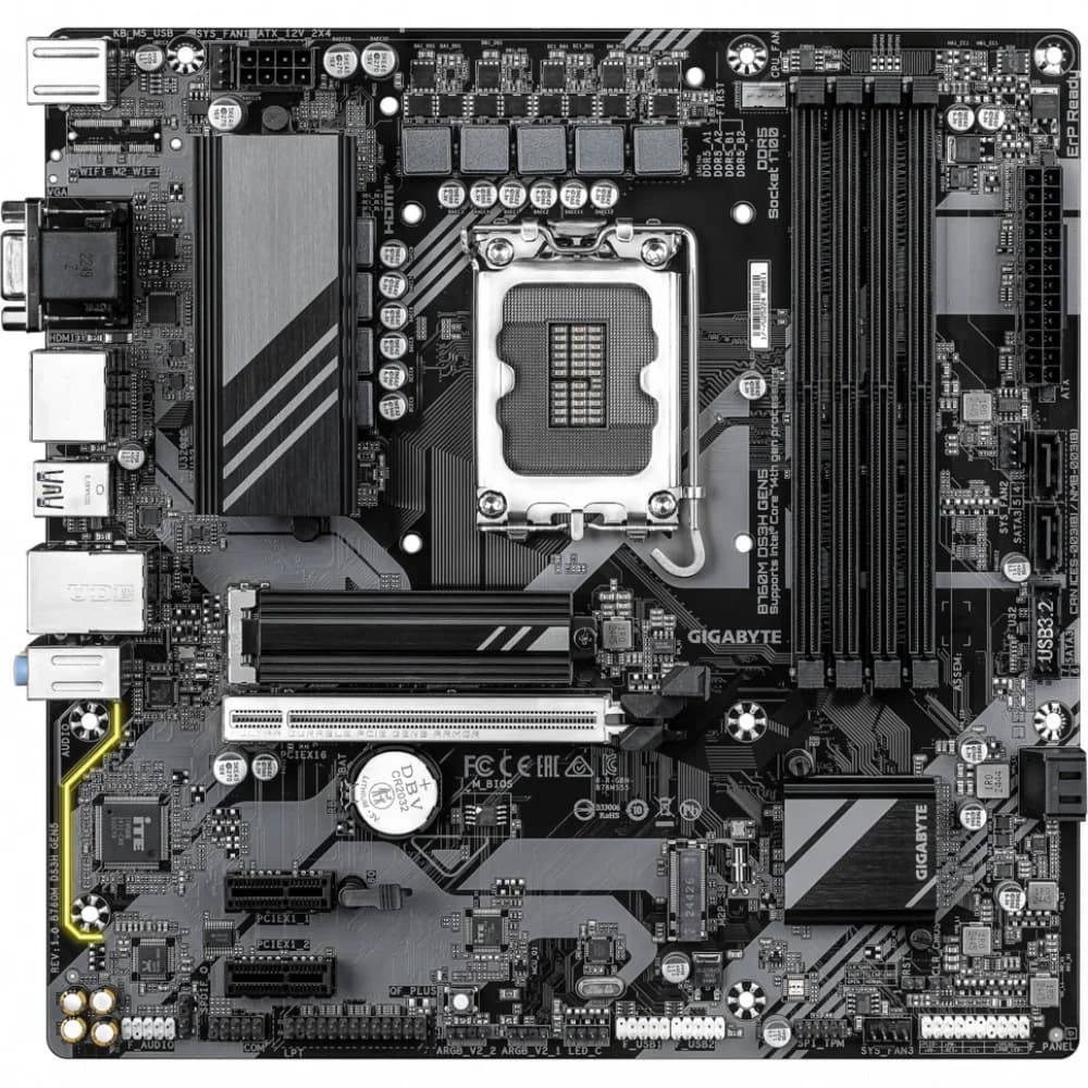 Материнская плата, Gigabyte, B760 DS3H GEN5 (4719331872892), LGA1700, iB760, 4xDDR5 4400/4800/5200/5600, 4xSATA3, 2xM.2 (PCI-E 4.0x4/x2), Raid, 1хDP, 1xHDMI, 5xPCI-Ex16, ATX