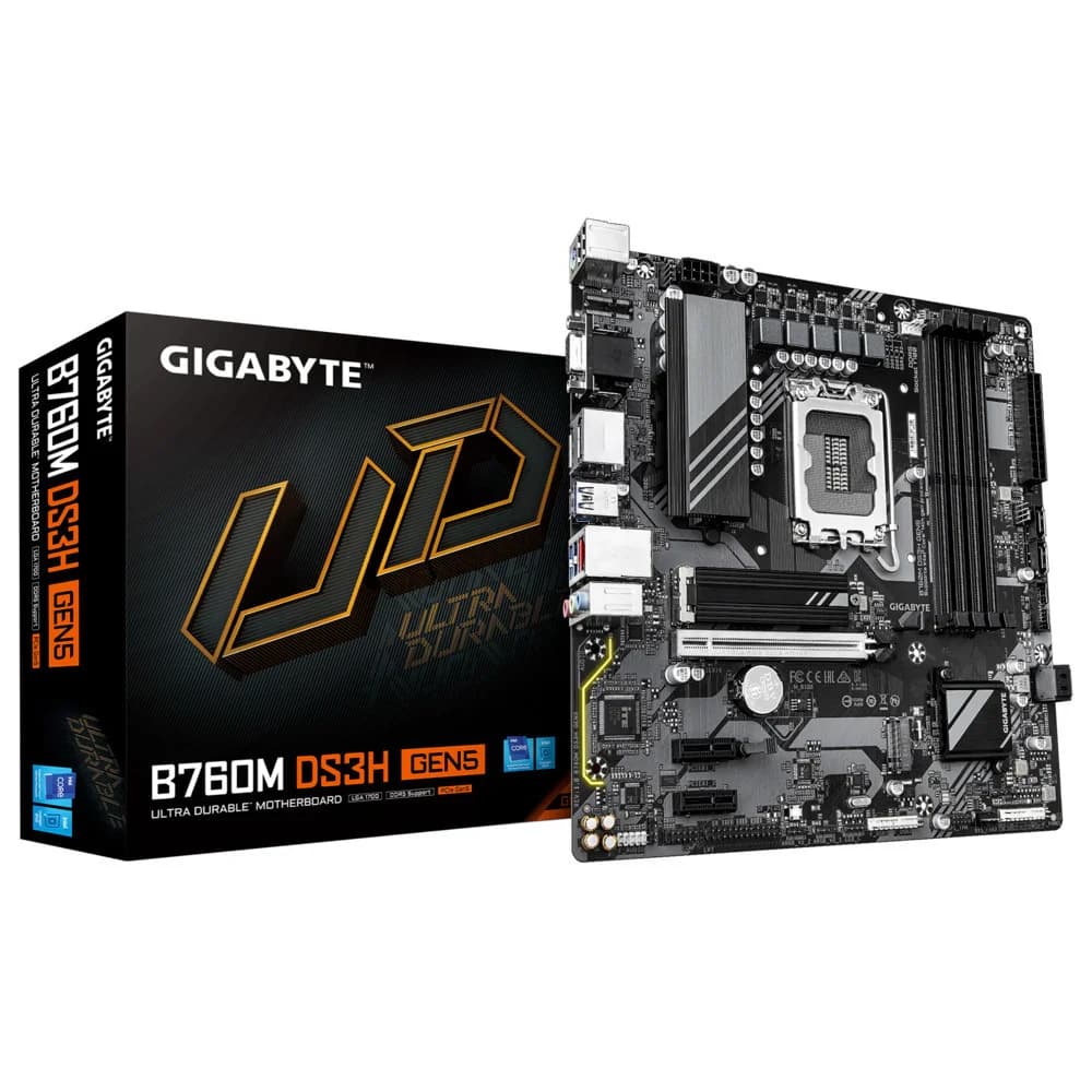 Матплата Gigabyte B760M DS3H Gen5, iB760,S1700,mATX,4DDR-5,3xPCI-Ex16,4SATA,2xM.2,VGA,HDMI,2xDP