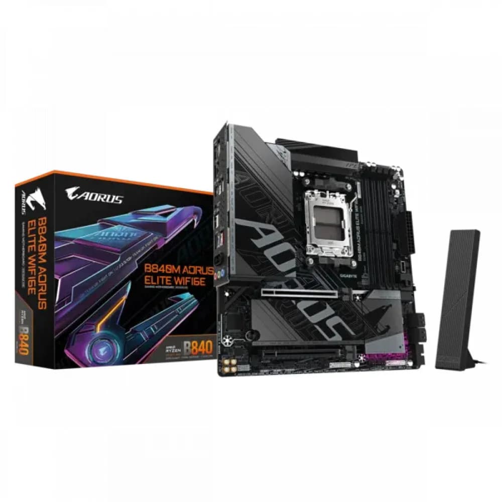 Матплата Gigabyte B840M Aorus Elite WiFi6E, AM5, mATX, 4DDR-5, 2xPCI-Ex16,4SATA3,2xM.2,HDMI,DP,15USB