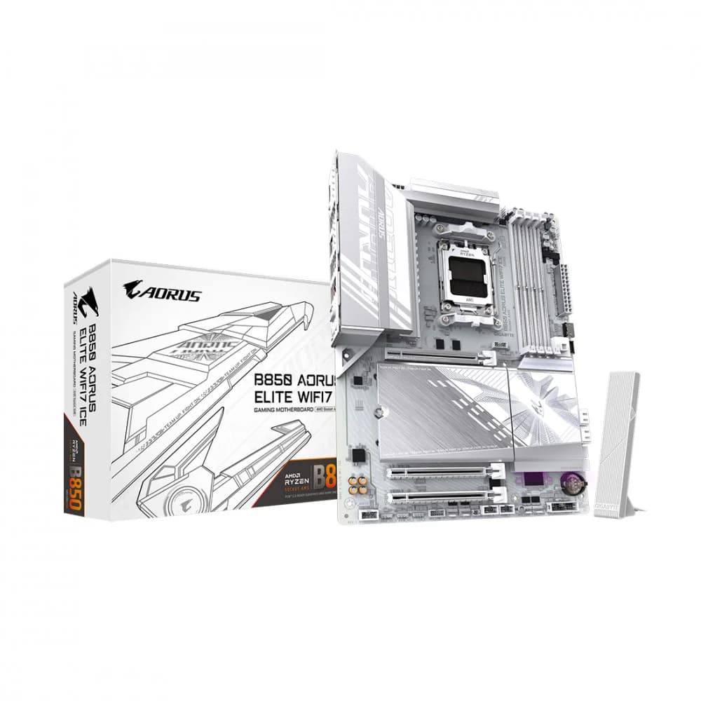 Материнская плата, Gigabyte, B850 AORUS ELITE WF7 ICE (4719331866099), AM5, B850, 4xDDR5 4400/4800/5200/8200(OC), 4xSATA3, 3xM.2 (PCIe 4.0 x4/x2), RAID, 1хDP, 3xPCI-Ex16, WiFi, ATX