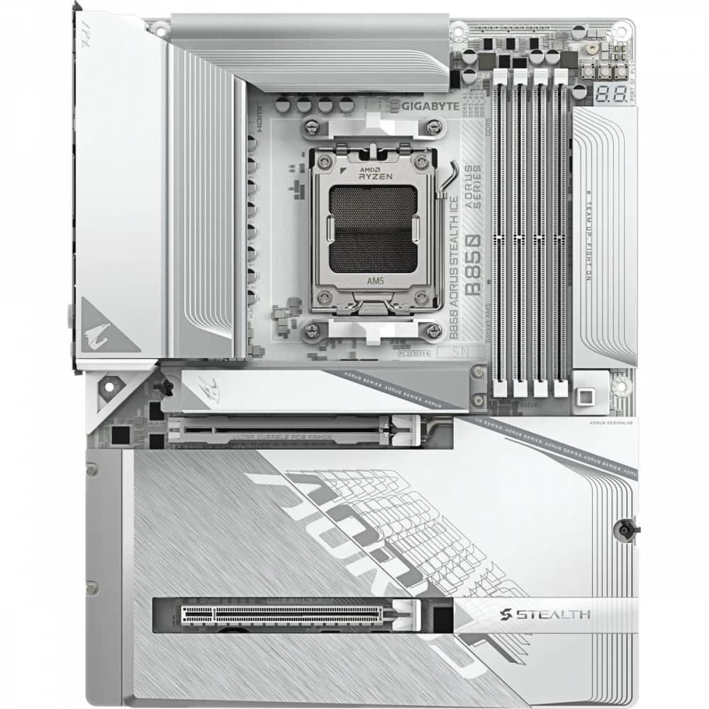 Матплата Gigabyte B850 Aorus Stealth Ice, AM5, ATX, 4DDR-5, 2xPCI-Ex16, 2SATA, 4xM.2, HDMI, 18USB