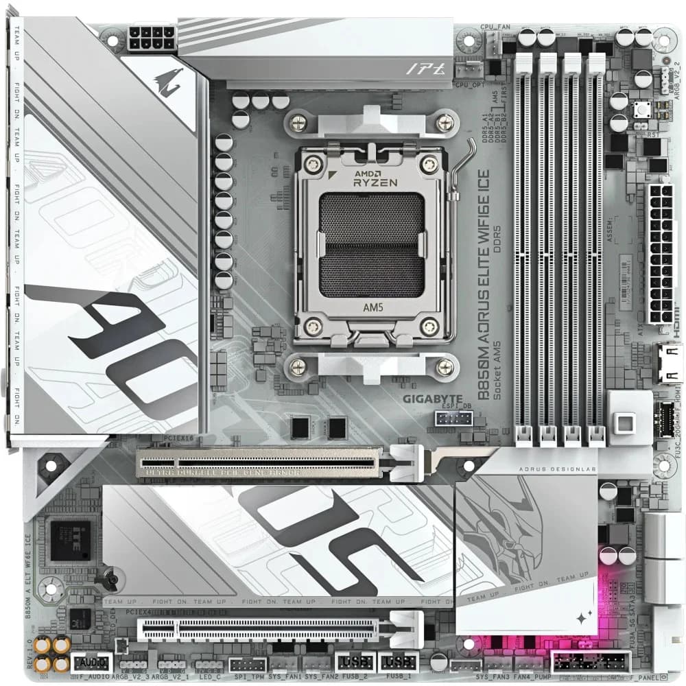 Материнская плата, Gigabyte, B850M EAGLE WIFI6E ICE (4719331871789), AM5, B850, 4xDDR5 4400/4800/5200/8200(OC), 4xSATA3, 2xM.2 (PCIe 4.0 x4/x2), RAID, 1xHDMI, 2хDP, 2xPCI-Ex16, WiFi, mATX