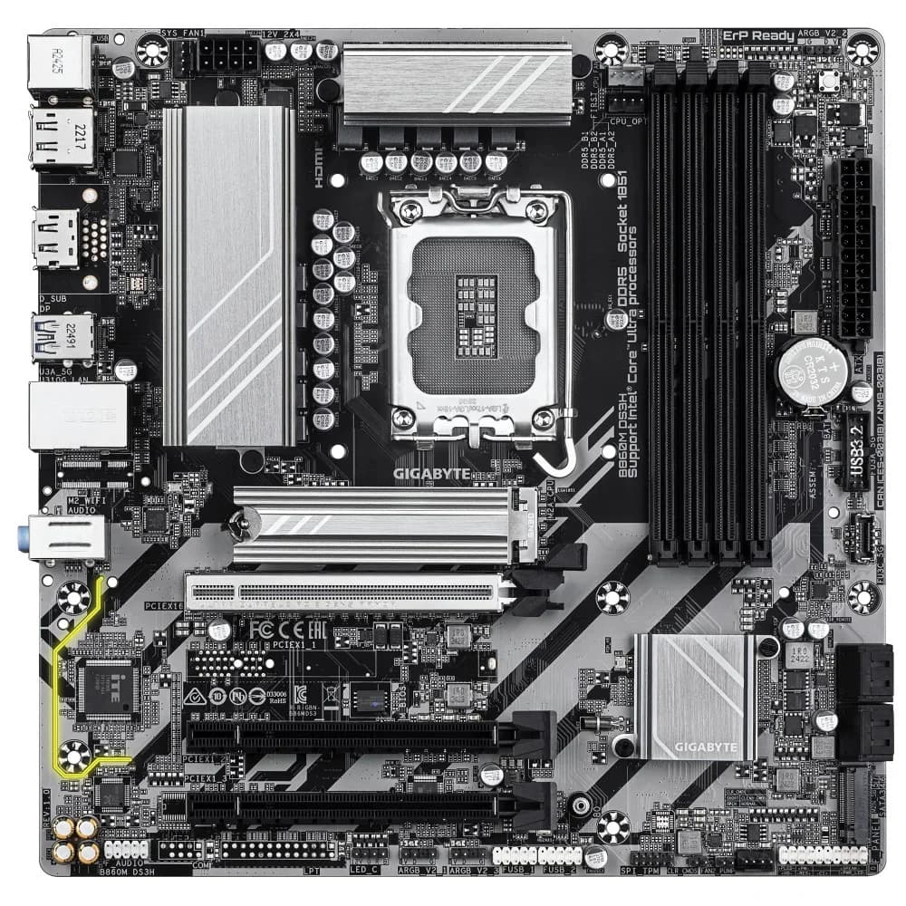 Материнская плата, Gigabyte, B860M DS3H (4719331866709), LGA1851, iB860, 4xDDR5 5600/6400/9066(OC), 4xSATA3, Raid, 2xM.2 (PCI-E 4.0x4/x2), 2хDP, 1xHDMI, 3xPCI-Ex16, ATX