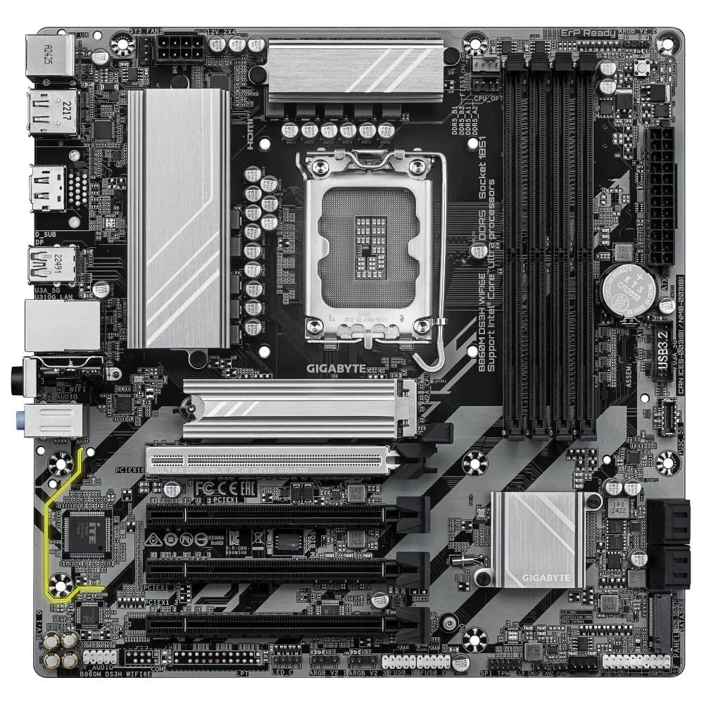 Материнская плата, Gigabyte, B860M DS3H WIFI6E (4719331866815), LGA1851, iB860, 4xDDR5 5600/6500/9066(OC), 4xSATA3, Raid, 2xM.2 (PCI-E 4.0x4/x2), 2хDP, 1xHDMI, 4xPCI-Ex16, WiFi, mATX
