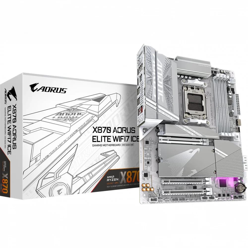 Сист.плата Gigabyte X870 A ELITE WF7 ICE 1.0, X870, AM5, 4xDIMM DDR5, 3xPCI-E x16, 4xM.2, 4xSATA, HDMI, WIFI7, BOX