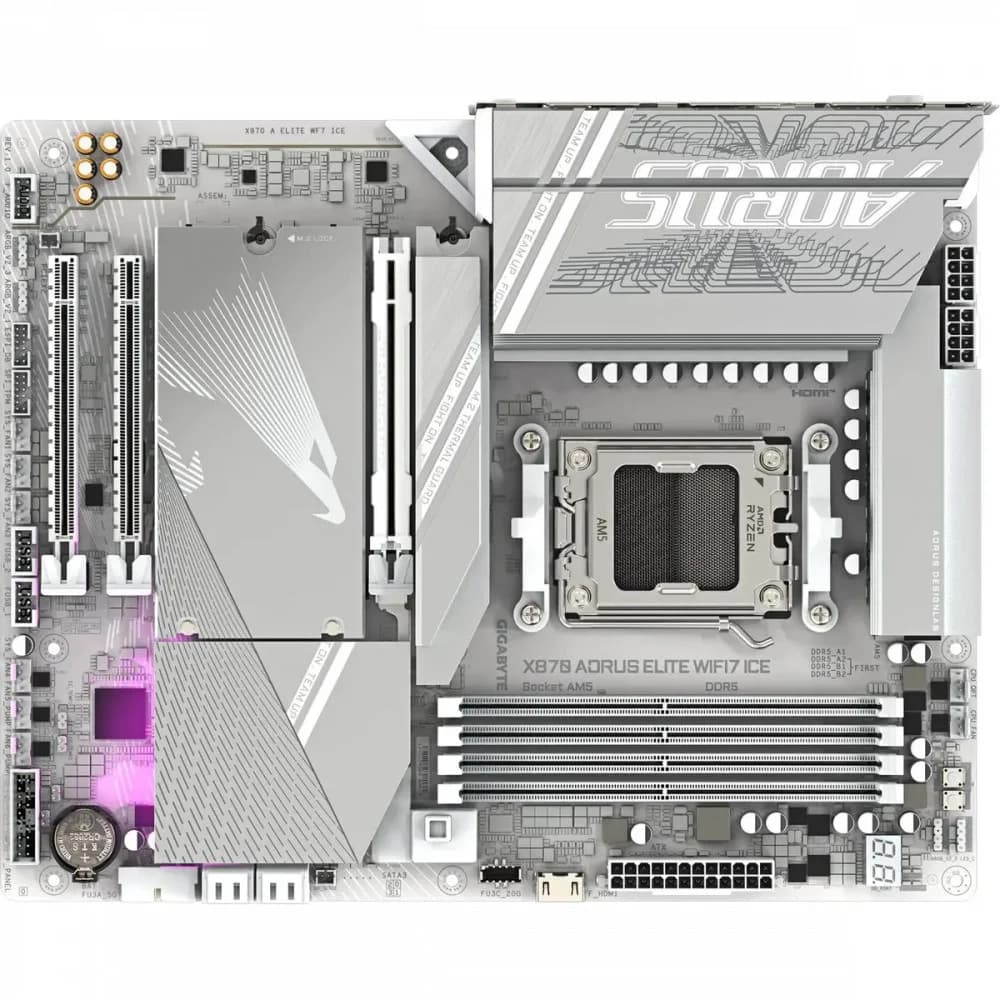 Материнская плата, Gigabyte, X870E AORUS ELITE WIFI7 ICE (4719331871529), AM5, X870E, 4xDDR5 4400/4800/5200/8200(OC), 4xSATA3, 4xM.2 (PCIe 4.0 x4/x2), Raid, 1xHDMI, 2xUSB4 Type-C®, 3xPCI-Ex16, Wi-Fi