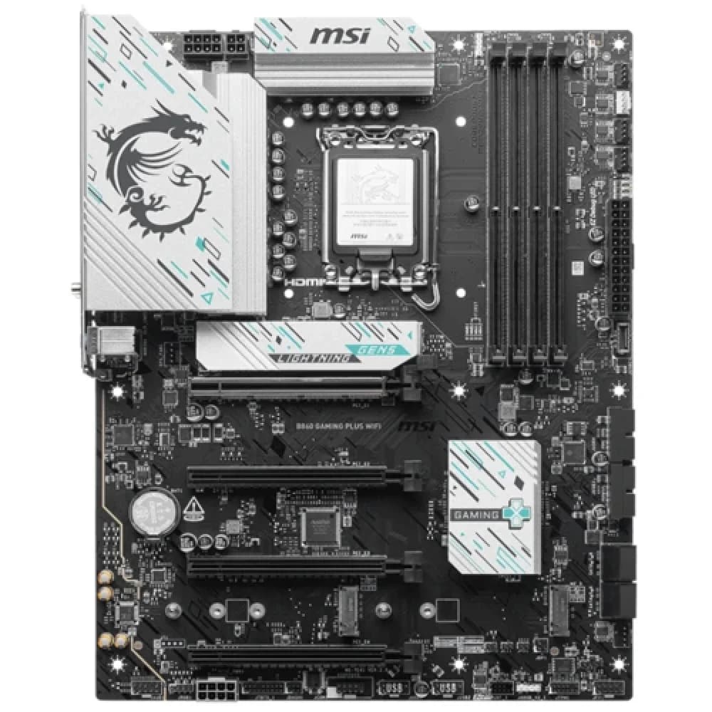 Материнская плата MSI B860 GAMING PLUS WIFI B860, LGA1851, 4*DDR5, 4*PCIEx16, 3*M.2, 1*TypeC, 2*USB3.2Gen2, 6*USB3.2Gen1, 8*USB2.0, 4*SATA3.0, 5G, Type-C DP, DP, HDMI, ATX, RTL